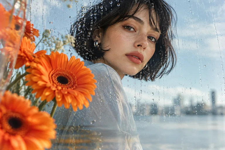 Concept portrait through rain-speckled glass, framed by vivid orange flowers.