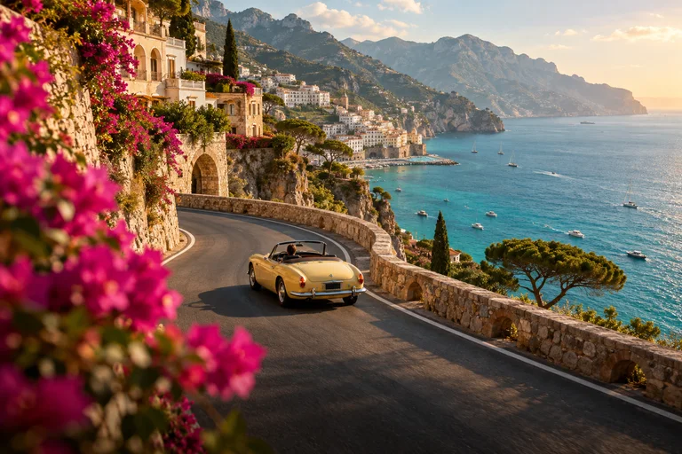 Cinematic concept of a yellow convertible following a sunlit coastal road.