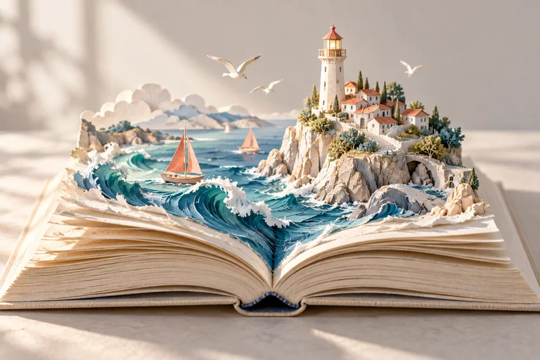 Concept of a miniature paper coastline and lighthouse rising from an open book.